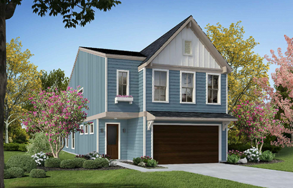 Guest Suite Option b colored rendering of exterior of house. First floor has wooden door and wooden garage door and the siding is painted a dusty blue. A band of beige separates floor 1 from floor 2. The second floor has four windows. Three windows above the garage and one above the entry door. There is a shallow awning over the garage