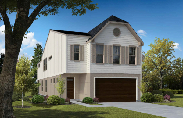 Guest Suite Option C colored rendering of exterior of house. First floor has wooden door and wooden garage door and the siding is painted beige. The second floor siding is a cream color with four windows. Three windows above the garage and one above the entry door.