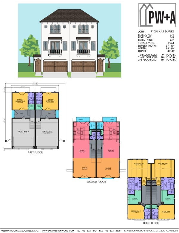 Three Story Townhome Plan F1056 A1.1 Duplex
