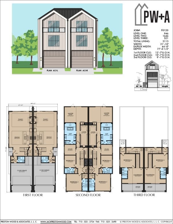 Three Story Duplex Townhome Plan F0120 A1.1