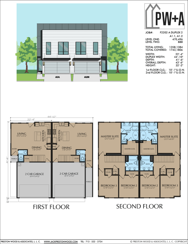 Three Story Duplex Townhome Plan F2202 A