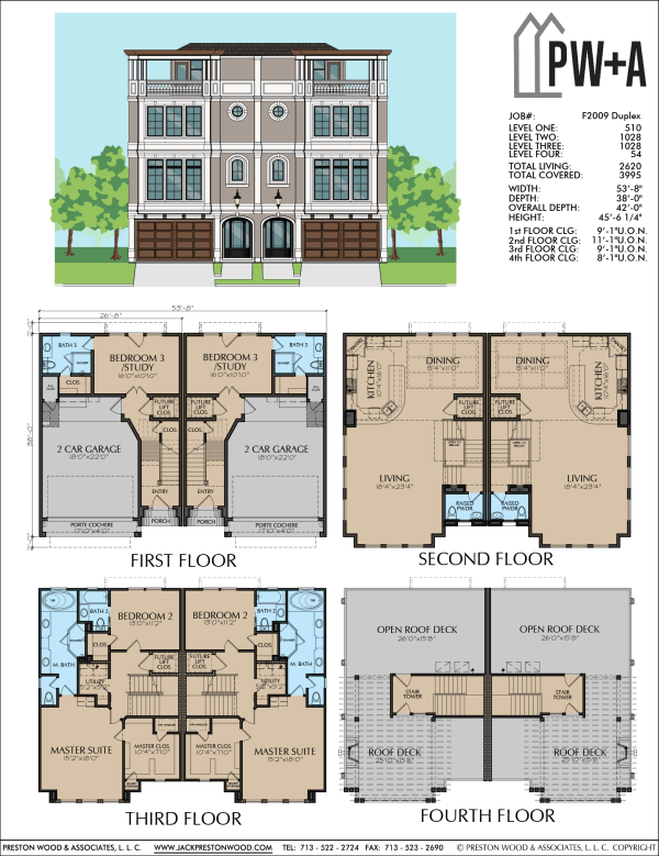 3 1/2 Story Duplex Home Plan F2009