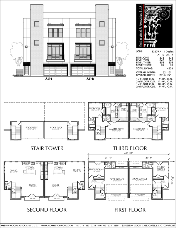 3 1/2 Story Duplex Townhome Plan E3279 A1.1