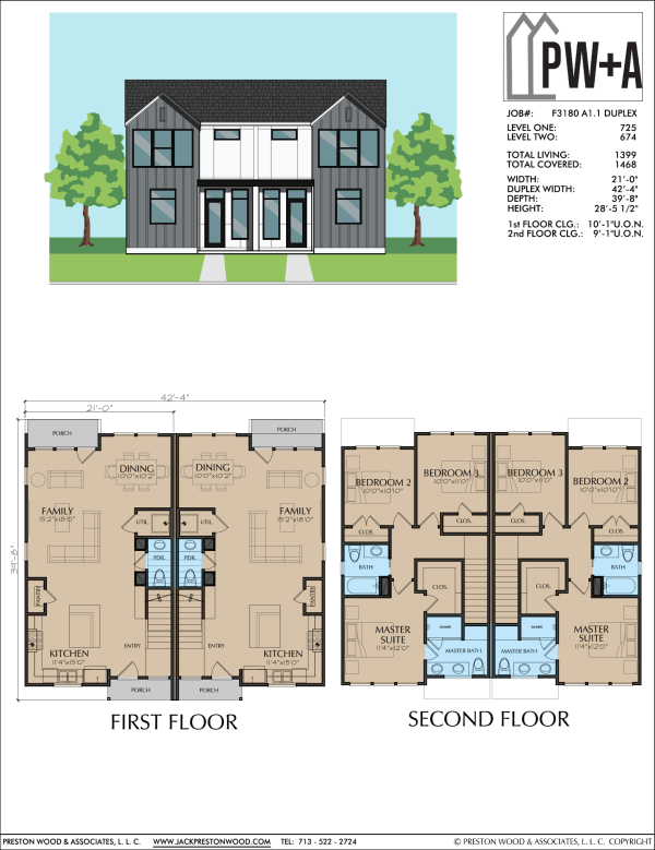 Two Story Duplex Townhome Plan F3180